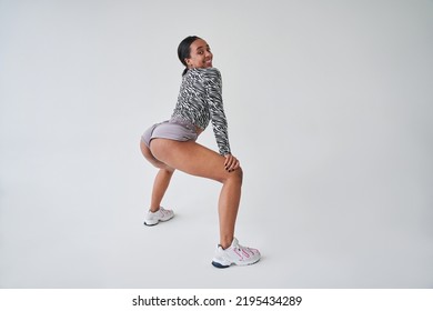 Overjoyed Woman With Stretch Marks At Her Buttocks Twerking And Smiling To The Camera