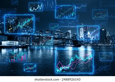 An overlaid image of stock market charts on a cityscape at night with glowing blue lines representing financial data analytics