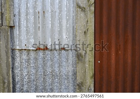 Overlapping corrugated tin siding with two weathered silver tin panels and a heavily rusted tin panel on the right. Vertical wood boards with grain, knots, cracks, and moss are nailed to the tin, along with visible nail heads, nail holes, and screwheads, photographed in even natural light.