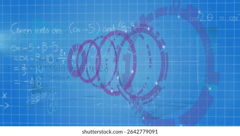 Overlapping purple concentric HUD elements floating on light-blue grid screen, with chalk equations. Futuristic, technological, digital, interface, innovation, data visualization, science