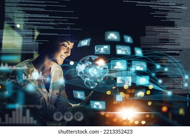 Overlay, blockchain and woman networking on a digital global communication website, email and internet. Future, night and happy trader trading on the stock market while on social media for world news - Powered by Shutterstock