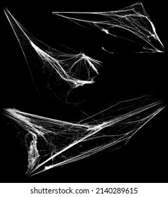 Overlay the cobweb effect. A collection of spider webs isolated on a black background. Spider web elements as decoration to the design. Halloween Props