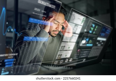 Overlay, dashboard or trader with stress, headache or burnout from trading data, bad investment or stocks. Anxiety, debt or frustrated man with digital ui or ux on financial loss on screen at night - Powered by Shutterstock