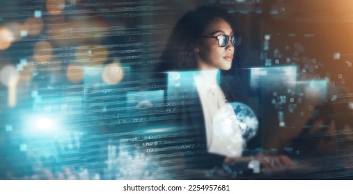 Overlay, finance and stock market with a woman trading while working in an office at night for forex investment. Digital, data or fintech with a female trader doing data analysis for portfolio growth - Shutterstock ID 2254957681