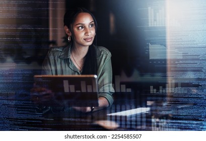 Overlay, finance and woman thinking with a laptop at night for ideas, planning and business trading. Strategy, digital and employee working overtime for a financial analysis deadline on a computer - Shutterstock ID 2254585507