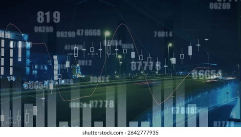 Overlay floating over highway at night, with candlestick, line and bar charts and numeric tickers. Urban, technology, data, analytics, modern, futuristic, financial