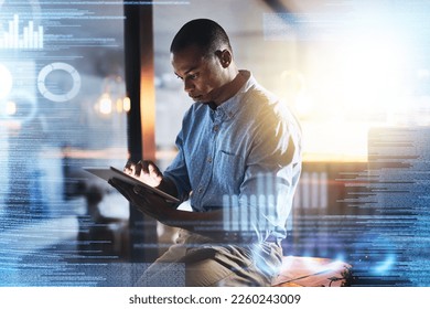 Overlay, futuristic research and black man with tablet for website, data analysis and networking in office. Digital transformation, innovation and male with technology, cyber hologram and web design - Powered by Shutterstock