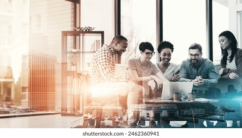 Overlay, meeting and cityscape with team in office for business with laptop for brainstorm with email. Discussion, planning and company success with strategy for election campaign in America. - Powered by Shutterstock