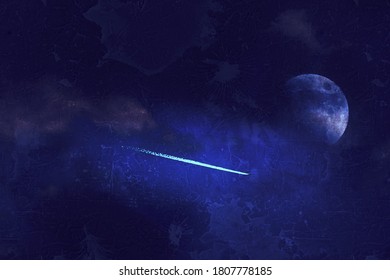 Overlay Of Plane Jet Stream In The Sky With Clouds And Moon In The Night Looking From Earth Through A Window