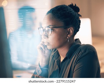 Overlay, programming and coding with a black woman developer thinking while working on a ux, ai or 3d interface. Computer, software and data with a female employee or programmer reading code at work