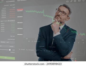 Overlay, thinking and businessman with stock market for finance, data analysis and investment in trading. Crypto, statistics and infographic of mature analyst for economy, growth and idea with graph - Powered by Shutterstock