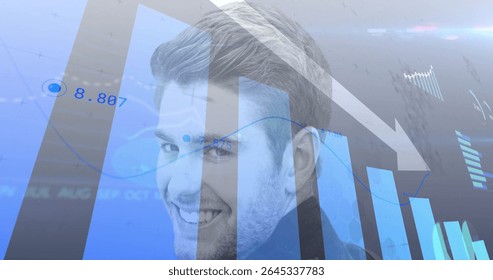 Overlaying businessman's smiling face onto finance screen with bar charts line graph downward arrow. Finance, analytics, data, technology, dashboard, investment, digital