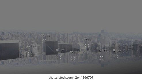 Overlaying central skyscraper cluster presenting data overlay on waterfront reflection, with icons. Cityscape, data visualization, digital analytics, progress, innovation, urban environment,