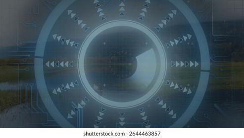Overlaying circular interface blending into lakeside marsh, with concentric rings and radial arrows. Technology, innovation, digital, futuristic, interface, data, visualization