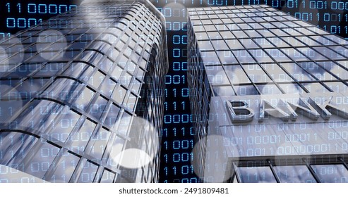 Overlaying digital binary code on modern bank skyscrapers, representing financial technology. Fintech, innovation, finance, data, future - Powered by Shutterstock