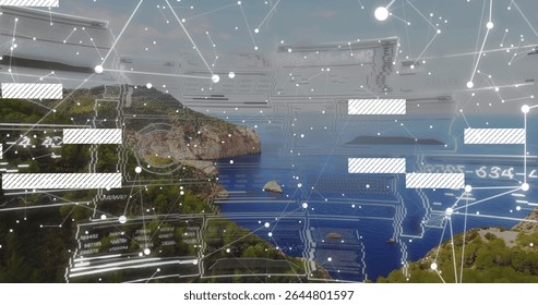 Overlaying digital network nodes and rectangular data blocks across green cliffs and calm blue sea. Technology, connectivity, innovation, futurism, landscape, abstract, infrastructure