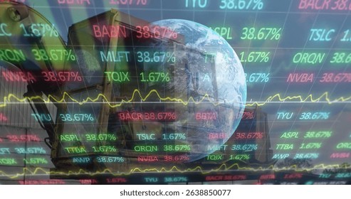 Overlaying Earth globe with ticker symbols, yellow line graph, excavator bucket in digital montage. Technology, finance, industrial, data visualization, global, digital, investment