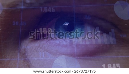 Overlaying eye at dark tech interface, with digital bar chart, pie chart segments and numeric HUD. Futuristic, analytics, visualization, technology, innovation, cybersecurity, biometric