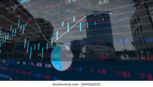Overlaying faint financial chart over city street, with candlesticks trend line and numeric tickers. Urban, finance, modern, technology, architecture, data, analytics