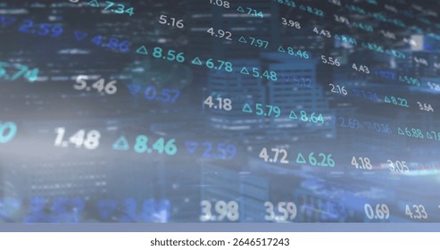 Overlaying financial data and stock market numbers on cityscape image background. Finance, investment, economy, growth, urban, analytics