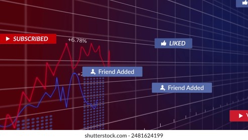 Overlaying financial stock market graph, digital social media notifications appearing. Finance, data, analytics, trading, investment, technology