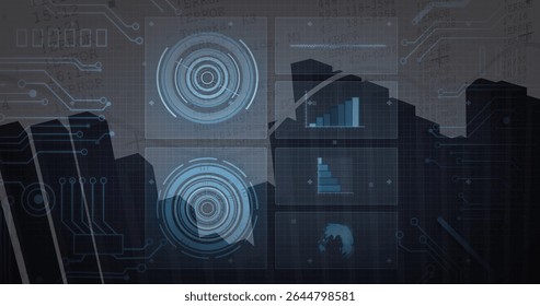 Overlaying interface displaying circular HUD elements and data panels over city skyline at dusk. Futuristic, technology, urban, interface, analytics, cyber, innovation