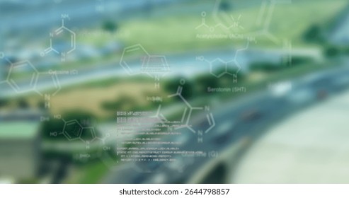 Overlaying molecular diagrams and code lines over aerial highway lanes, data visualization. Tech, data, visualization, analytical, futuristic, infrastructure, science