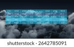 Overlaying semi-transparent data table over stormy sky, showing seven-column grid of numeric data. Data, analytics, technology, finance, digital, futuristic, abstract
