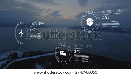 Overlaying three HUD widgets hovering over rocky shoreline at dusk, showing order IDs and progress. Augmentedreality, dashboard, logistics, drone, coastal, twilight, snow