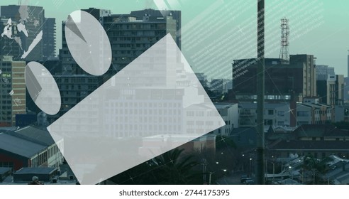 Overlaying tilted white rectangle with three ovals across city skyline at rooftop, with world map. Architecture, urban, abstract, collage, geometry, gridlines, translucent