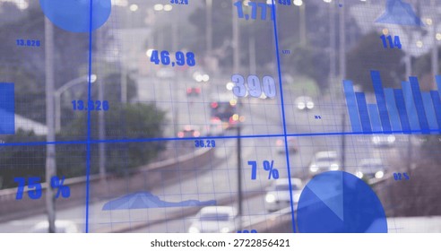 Overlaying translucent blue data covering urban lanes, with cars, median, lamps, lights and charts. Traffic, analytics, visualization, infographics, graphs, dashboard, city