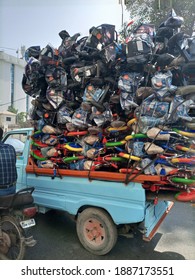 An overloaded mini truck with kids bicycles   - Karachi Pakistan - Jan 2021