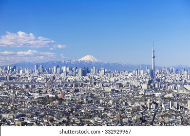 Overlooking The Beautiful Mount Fuji And Tokyo Sky Tree And Tokyo That Was Snow-Covered