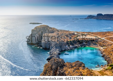 Overlooking the blue Aegean Sea from the Acropolis, Lindos, Greece