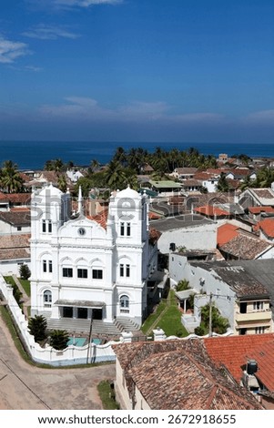 Overlooking Galle Fort Mosque, the elevated view captures the coastal scenery and historic architecture of Galle Fort, Sri Lanka a UNESCO World Heritage Site.