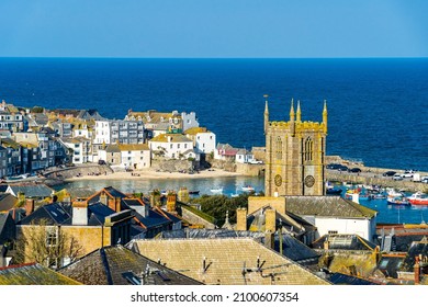 Overlooking the harbour beach and town at St Ives Cornwall England UK Europe
