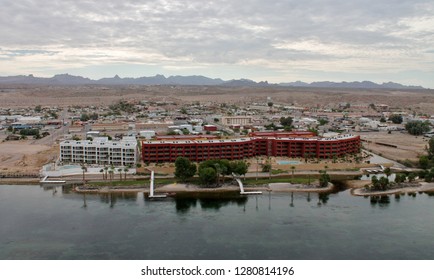 Overlooking a hotel, casino and town along the Colorado river in Laughlin Nevada