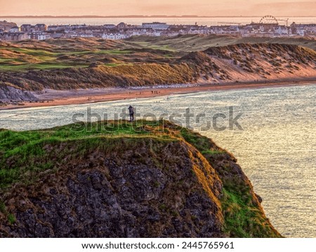 Overlooking the ocean from a cliff top at Magheracross Viewpoint near Dunluce Road, Bushmills, Northern Ireland, United Kingdom.