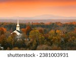 Overlooking a peaceful New England Farm in the autumn at sunrise with frost on foreground, Boston, Massachusetts, USA