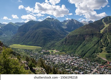 Overlooking The Ski Town Of Telluride Colorado From The Side Of A Mountain In Summer