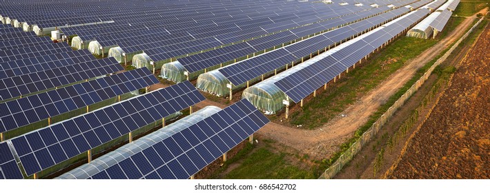 Overlooking the solar photovoltaic panels and agricultural planting temperature shed - Powered by Shutterstock