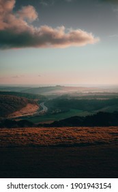 Overlooking The South Coast Countryside. On Top Of A Hill Overlooking The Beautiful Country Side In Hampshire During A Sunset On A Winters Day. 