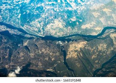 Overlooking The Wuling Mountains From A Plane, Aerial View.