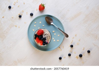 Overnight Oats Topped With Fruits. Top View.