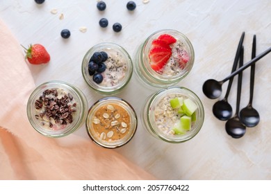 Overnight Oats Topped With Fruits. Top View.