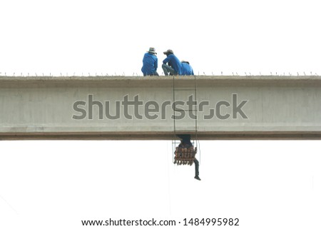 Overpass, construction technicians are building a floating bridge across a road with white background.