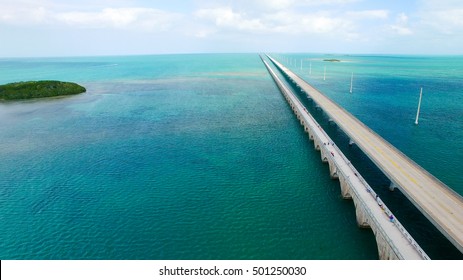 Overseas Highway Aerial View On A Beautiful Sunny Day, Florida.