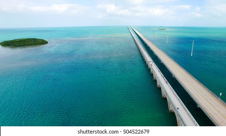 Overseas Highway Aerial View On A Beautiful Sunny Day, Florida.