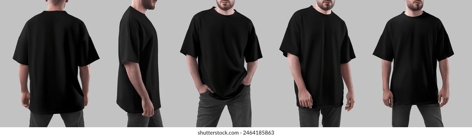 Oversized black t-shirt template on brutal man in jeans, front, side, back view, shirt isolated on background. Set. Male mockup of stylish streetwear, clothing for design, print, branding, advertising