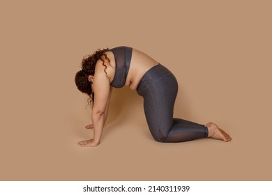 Oversized Fat Tired Overweight Woman Keeping Balance, Doing Active Yoga Pose Cat And Cow Exercises. Putting Off Tension, Stress, Body Care Relaxation. Wearing Gray Sport Suit Top, Leggings, Side View.